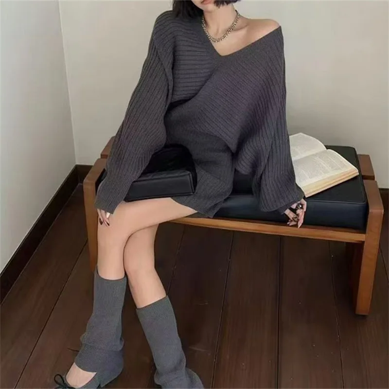 لطيف الرياح جو الخامس الرقبة محبوك قميص المرأة الخريف والشتاء مجموعة جديدة الخصر Cinching والتخسيس قطعتين مجموعة #2