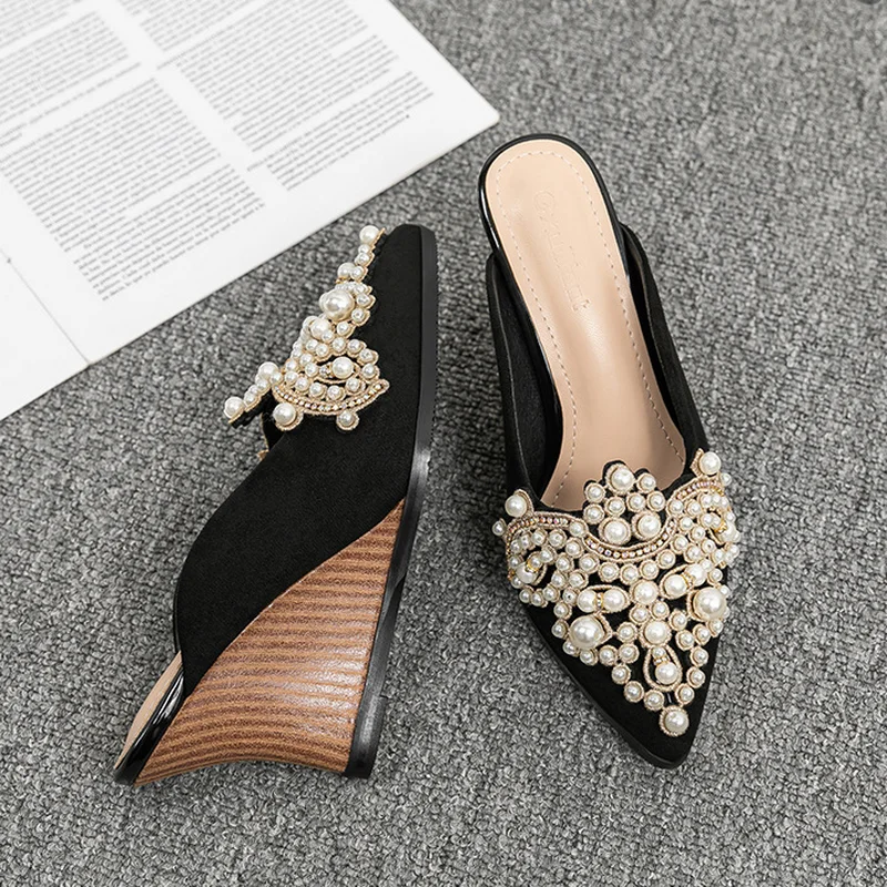 FHC Flock High Heels Pearls Wedges Shoes,Platform Summer Slides,Pointed Toe Slippers,Lazy Person Mules,Slip On,Black,Dropship