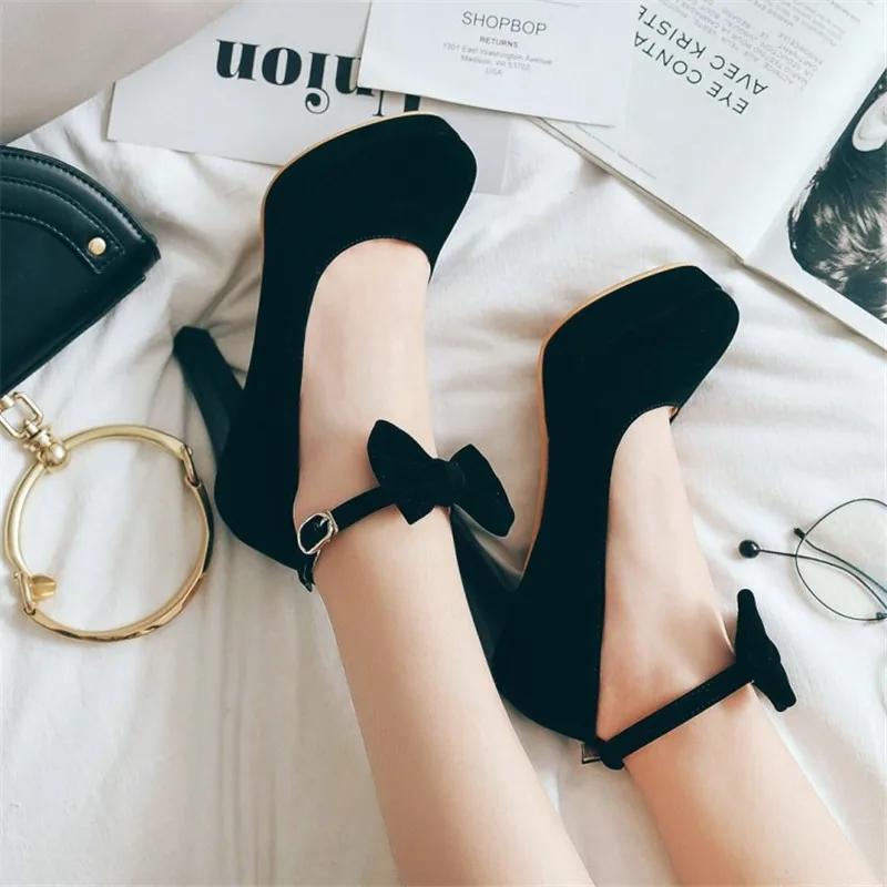 Girls Shoes Super High Heeled Women Pumps Sweet Bowknot Bridal Wedding Shoes Girls Ankle Strap Platform Women Heels Size 31-46