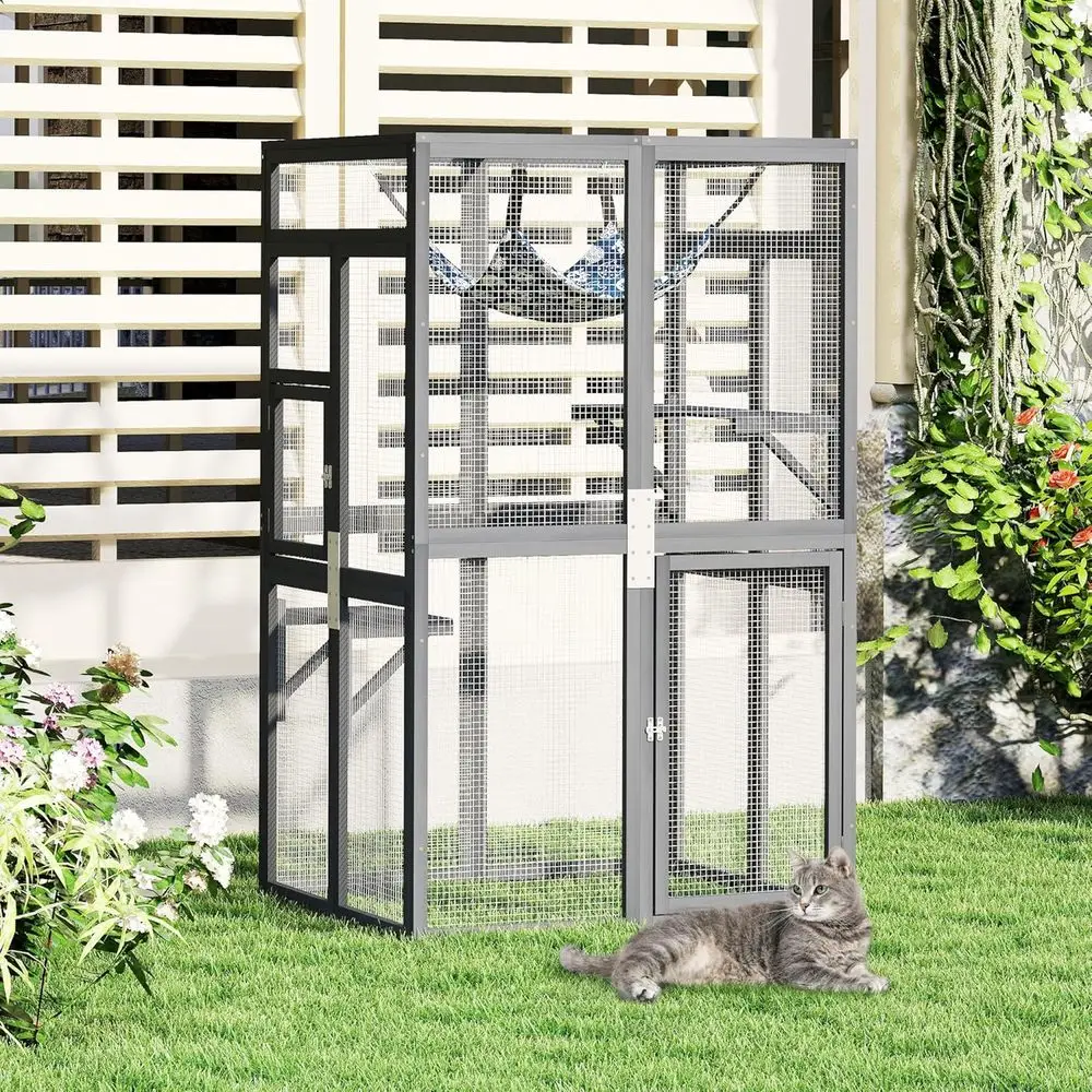 

Upgraded Outdoor Cat Catio with Window Acc& Jumping Platorms, Weatherproo Wooden Cat Enclosure or Patio/Garden/Backyard (Grey, 2