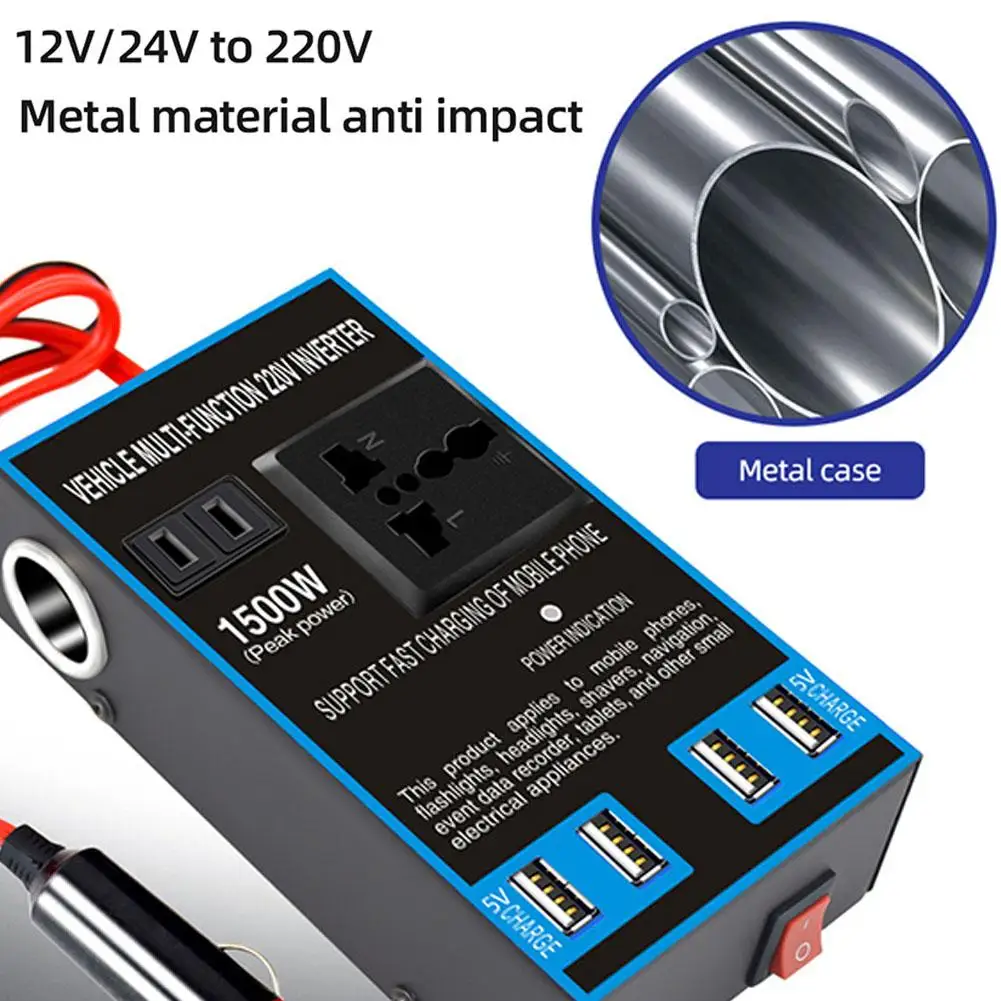 1500 واط عاكس الطاقة تيار مستمر 12 فولت 24 فولت إلى التيار المتناوب 110 فولت 220 فولت محول السيارة مع 4 USB شحن سريع ولاعة السيجار المقبس للمنزل السيارة