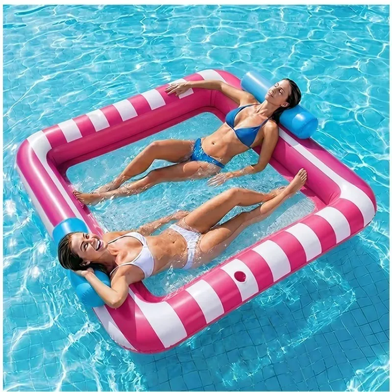 Square Stripe Mesh Inflatable Float With Backrest, Thick PVC Adult Water Lounge, Breathable Net Floating Bed for Pool