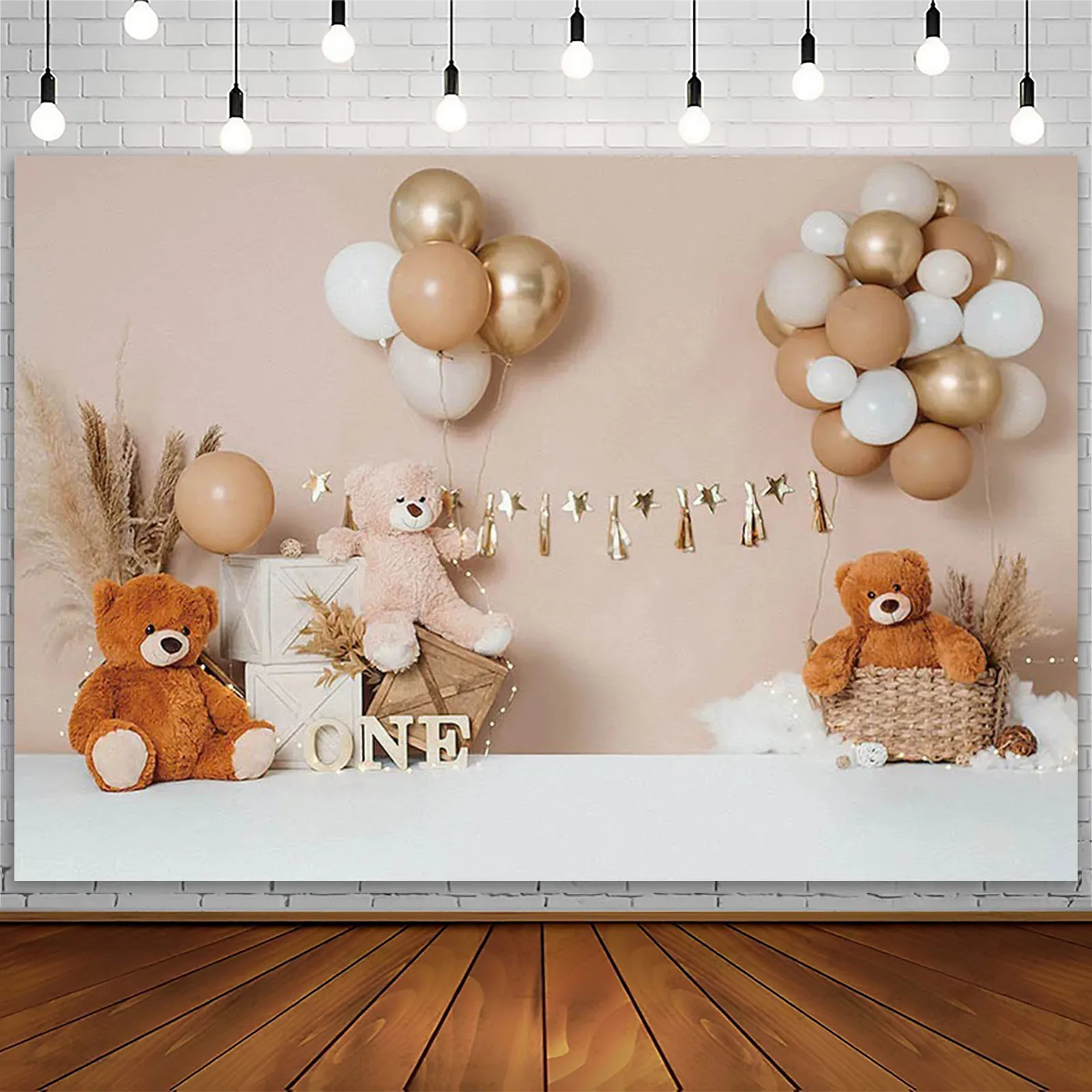 Cute Bear Photography Background White Clouds Colorful Balloons Party Decor Backdrop Kids Cake Smash 1st Birthday Photozone