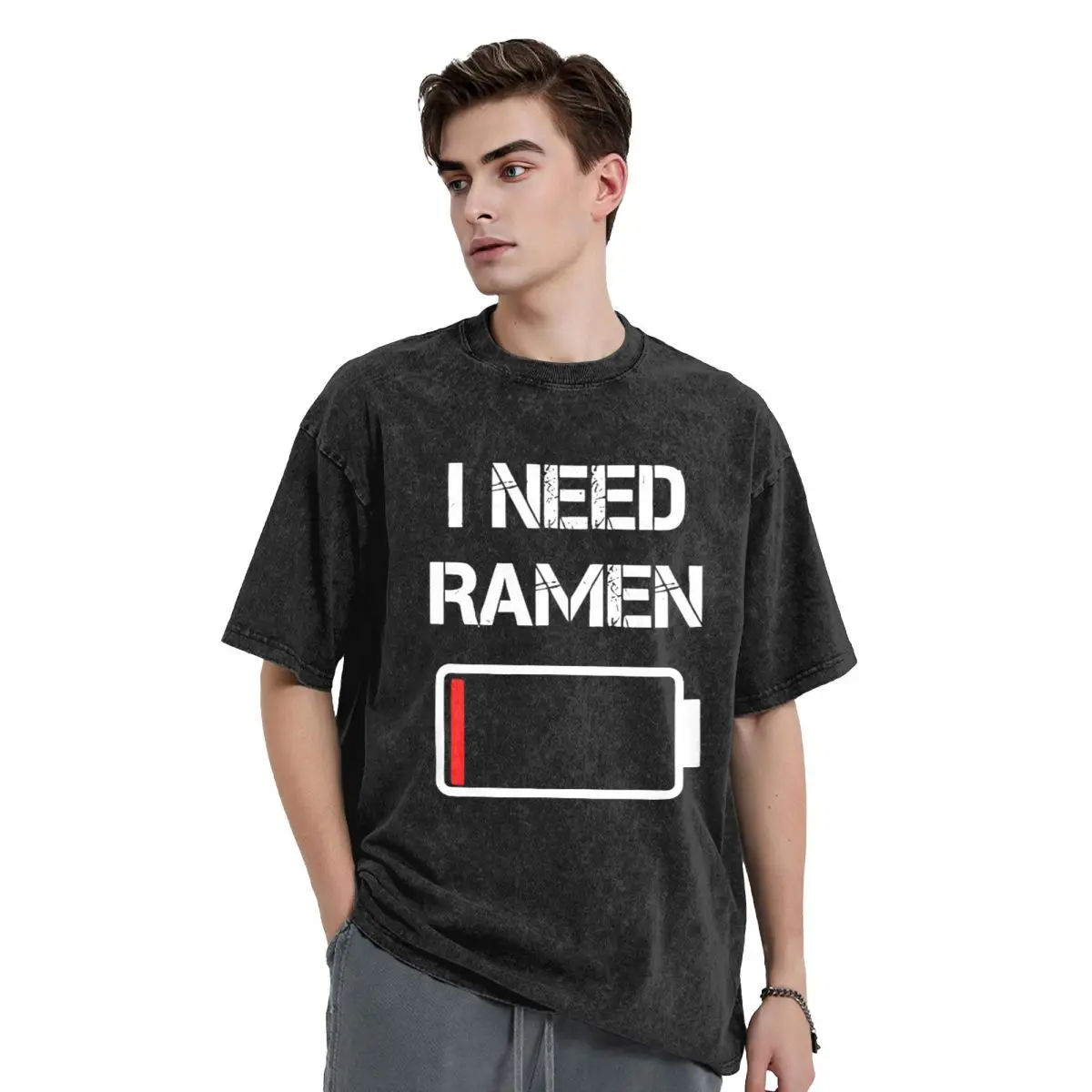 I Need Ramen Graphic Washed Cotton T Shirts Men's Crew Neck Short Sleeve T-Shirt Vintage Top Tees High Street Clothing Gifts