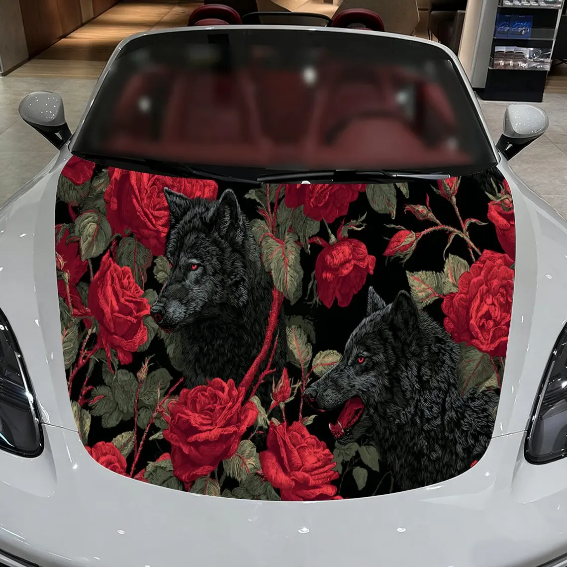 

Car Decal Wolf with Red Rose Floral Artistic Background & Mystic-Gothic Aesthetic Car Hood Sticker, Waterproof Self - Adhesive V
