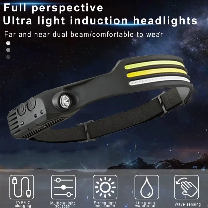 LED Induction Headlamp COB Sensor Head Lamp Rechargeable Built-in Battery Flashlight 6 Modes Outdoor Work Lighting Headlights