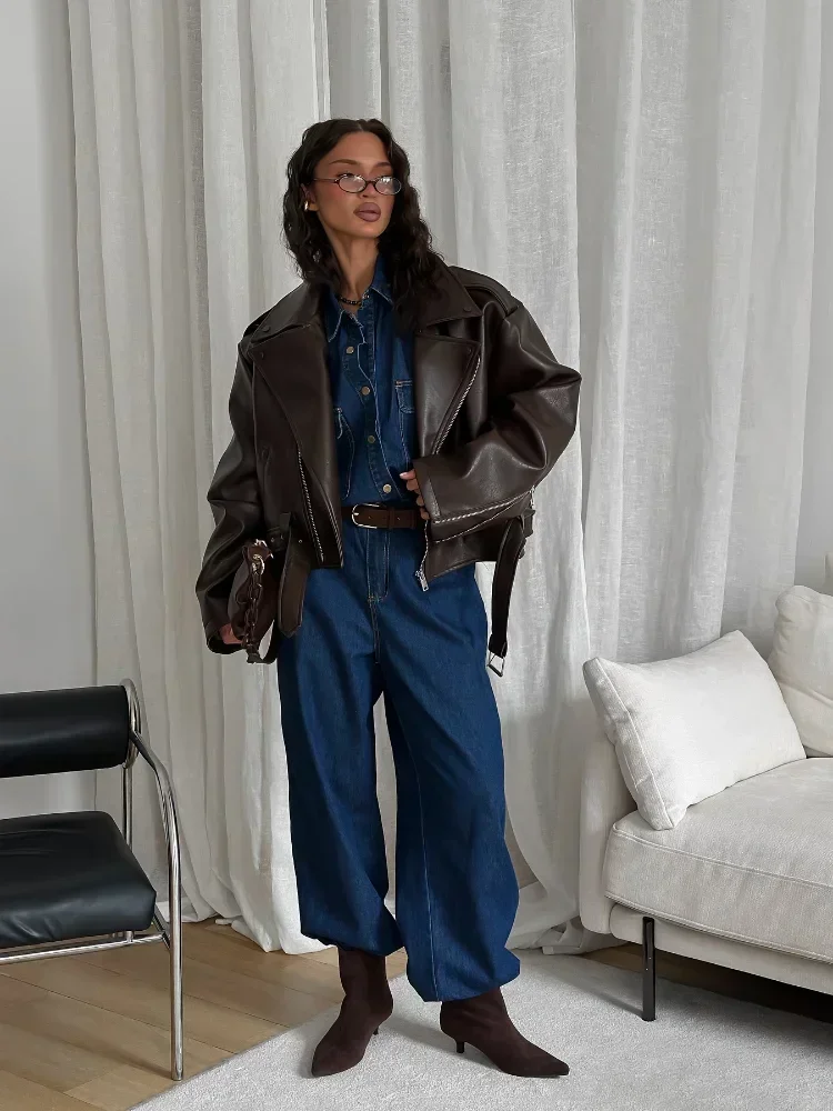 

Повседневная черная кожаная короткая куртка на шнуровке, женская короткая куртка с длинным рукавом на молнии и лацканами, свободное пальто на пуговицах, женская повседневная уличная верхняя одежда 2025