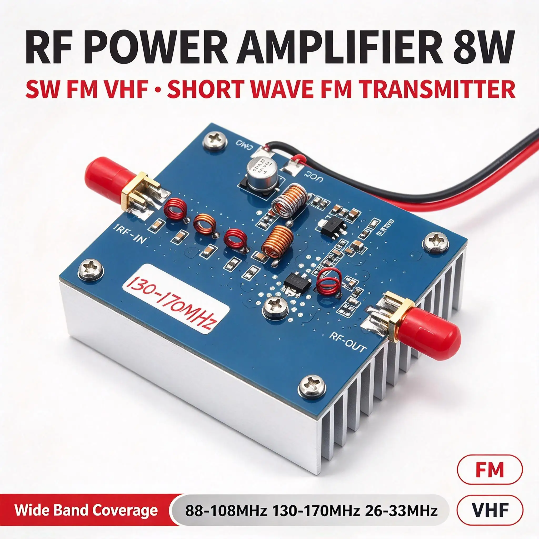 DYKB 8W RF Power Amplifier 88-108MHz 130-170MHz 26-33MHz FM VHF Shortwave HF For Ham Radio Transceiver Walkie Talkie SDR Antenna