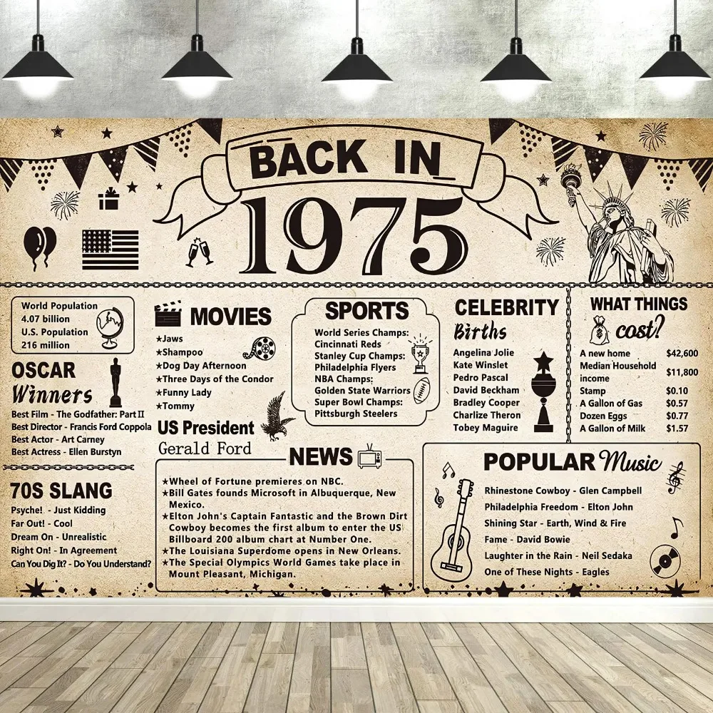 Vintage 1975 themed party shooting backdrop, 50th birthday banner anniversary party home decoration photography studio backdrop