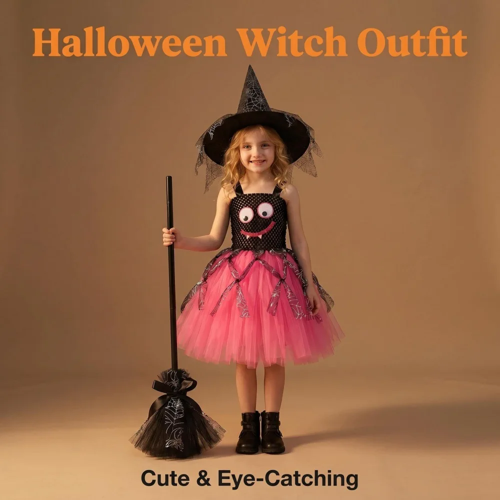Halloween Girl Spider Pattern Fluffy Pink Mesh Tutu Dress Layered Tulle Dress Children Party Stage Performance Casual Outfit