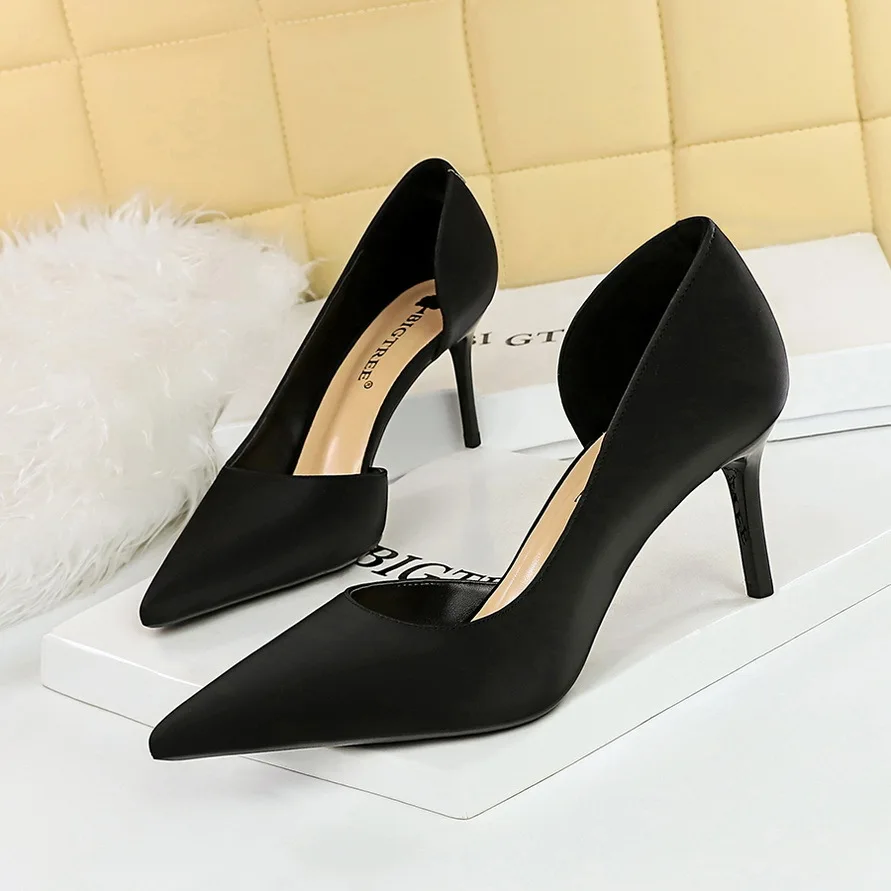 BIGTREE Shoes Women 8 Cm Party Silk Design Women Pumps Pointed Side Hollow Retro High Heels Stilettos Sexy Party Shoes 43