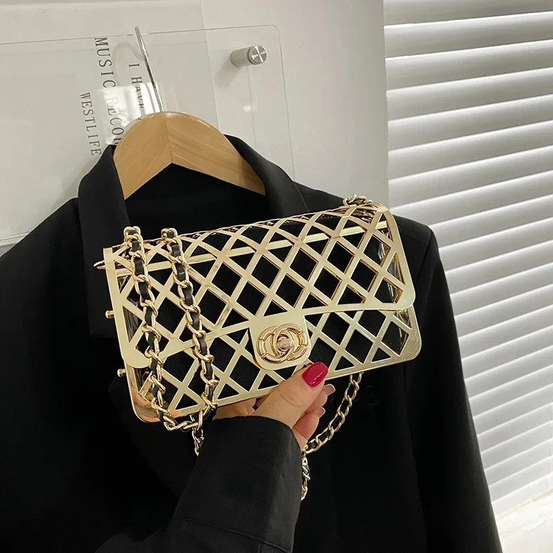 2024 Fashion Hollow Chain Crossbody Shoulder Bag Trend Females Metal Bag Luxury Designer Handbags Mini Shopper Square Bag