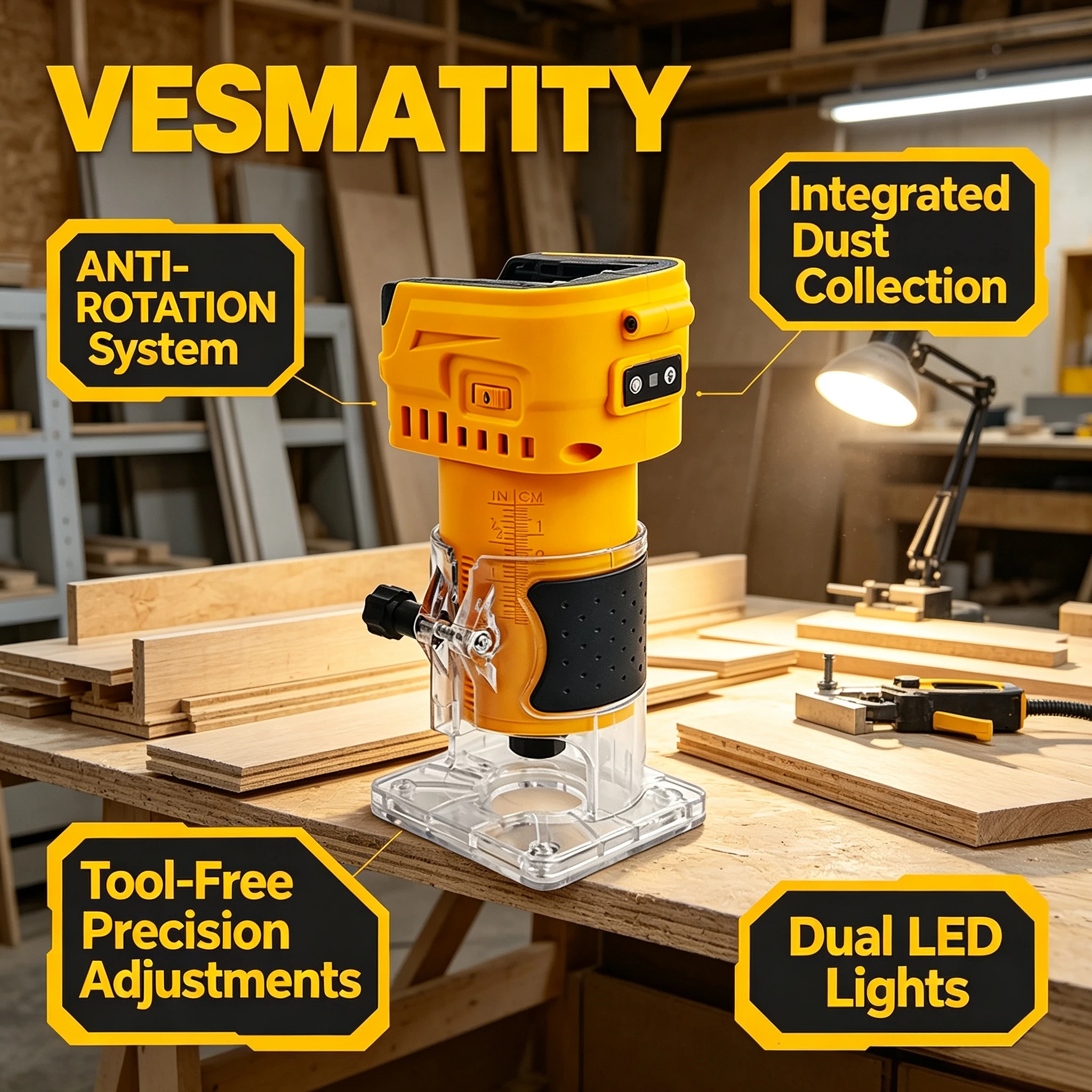 Vesmatity 33000RPM Brushless Cordless Trimmer Engraver Milling Tool for Woodworking Dewalt 18V 20V Battery