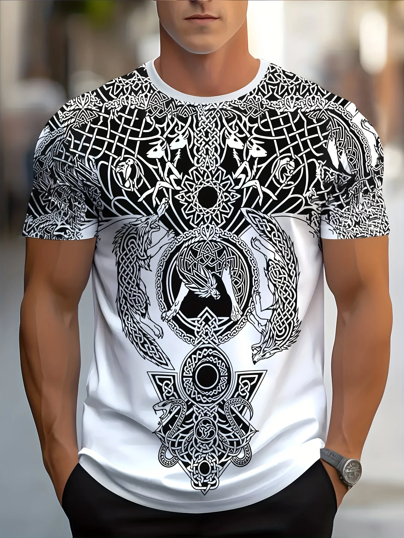 Men Viking Celtic Wolf Knot T-Shirt, Black White Norse Mythology Tribal Art Print Short Sleeve Crew Neck Graphic Tee