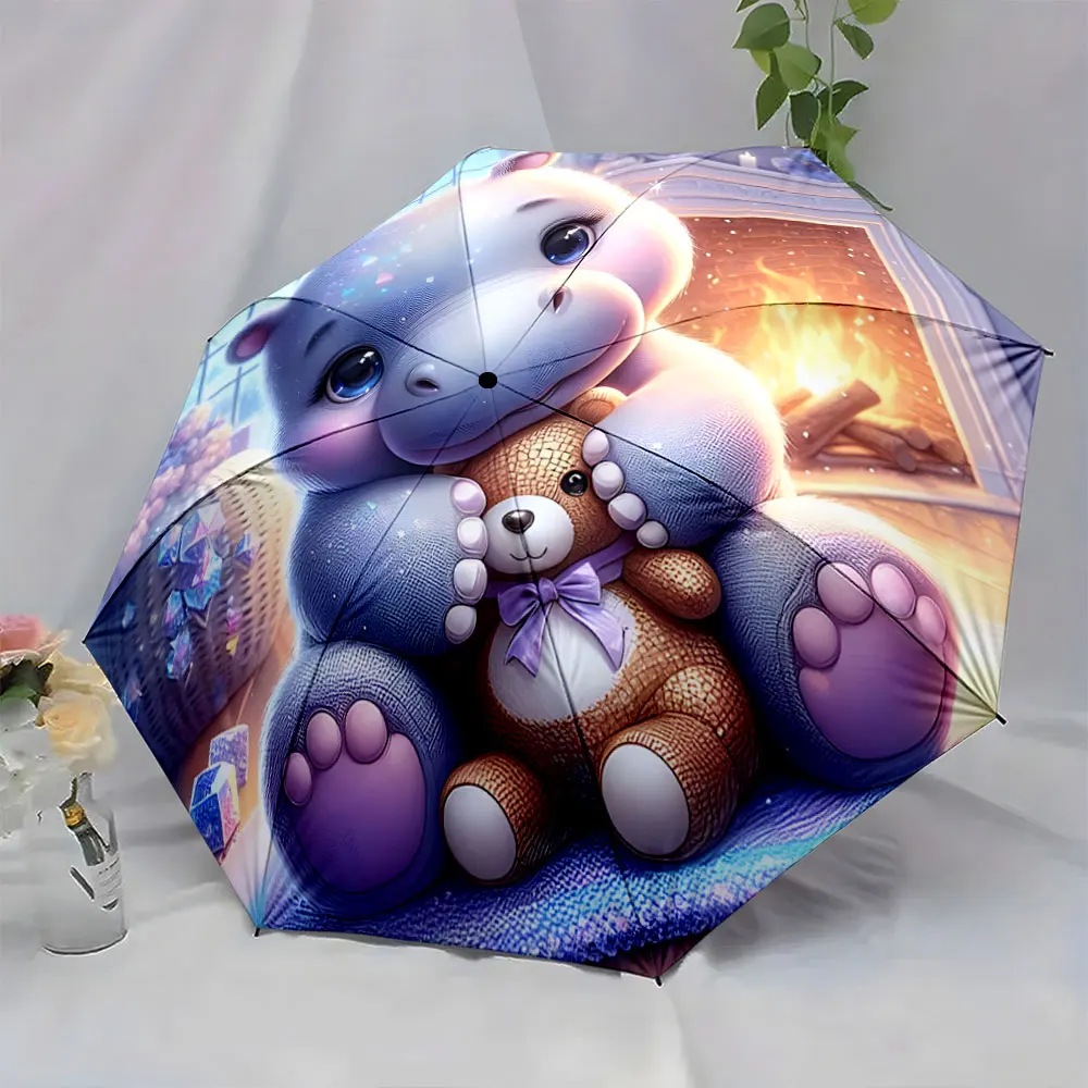 1PC Adorable Hippo and Teddy Bear Printed Umbrella Print 8 Iron Ribs Folding Umbrella Auto-Open Fashion Sunshade