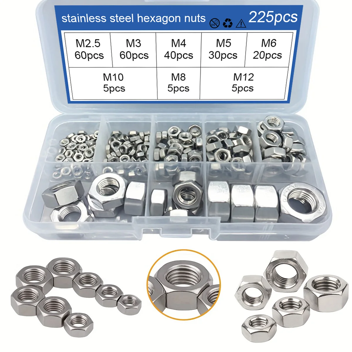 Juego de tuercas hexagonales de acero inoxidable, juego de combinación de tuercas hexagonales exteriores, tuerca de bloqueo, tuerca de sujeción, sujetador industrial M2.5 M3 M4