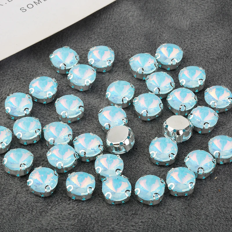 PEESOM 50PCS Rivoli Sew On Crystal Strass Jelly Opal Color Glass Stone With Sliver Claw Round Rhinestone for Sewing Needlework