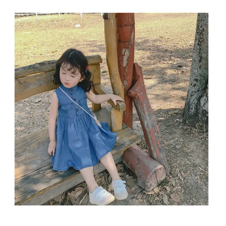 Girls Solid Denim Dress Girl Stand Up Collar Sleeveless Dress Vest Dress 2025 Summer New Children Clothing