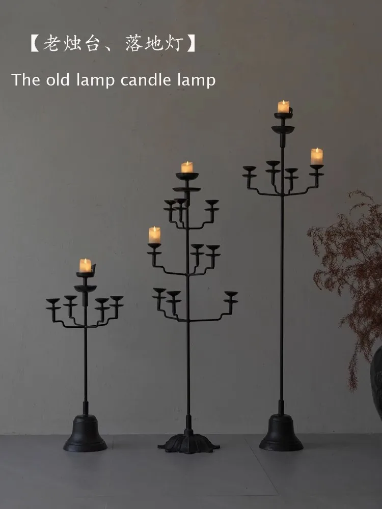 Chinese Retro Style Oil Lamp Floor Candlestick Wrought Iron Candlestick Lamp Artistic Originality Tea Room Decorative Props