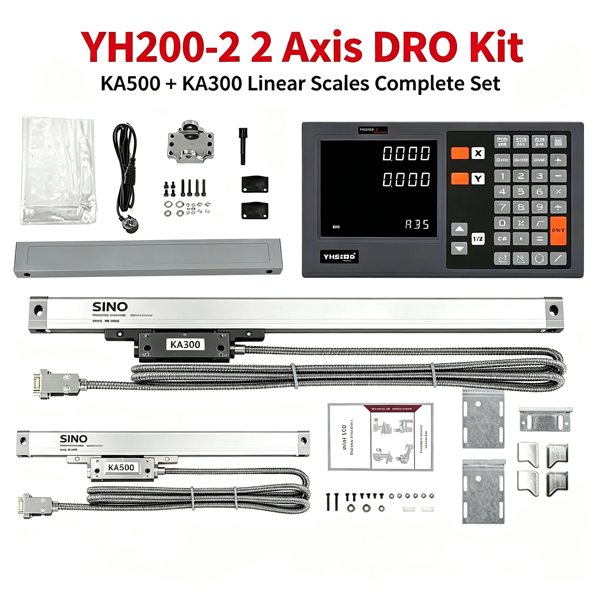 YH200-2 2 Axis Digital Readout DRO Kit KA500 KA300 Linear Scale Complete Set for Milling Lathe Machine