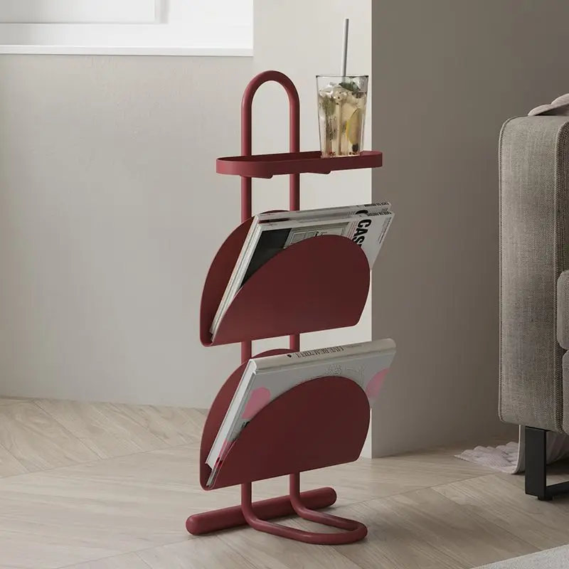 Space-Saving Corner Magazine & Book Stand - 3-Tier Metal, Modern European Red Finish for Bedside & Sofa