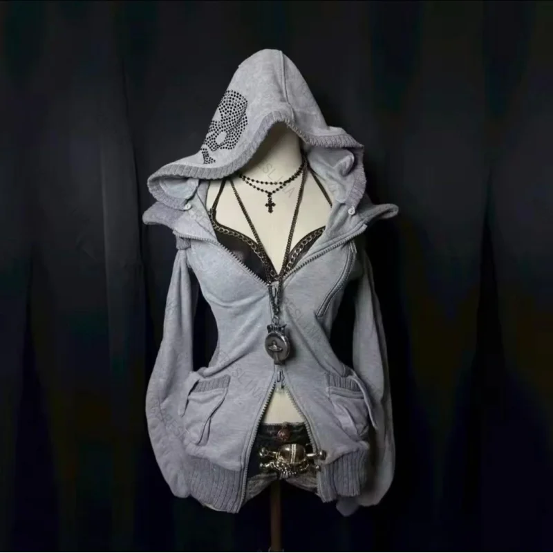 

Винтажная толстовка на молнии Y2k 2000S, облегающая, универсальная, с принтом черепа, осенне-зимняя уличная, в стиле панк, однотонная толстовка на молнии, эмо