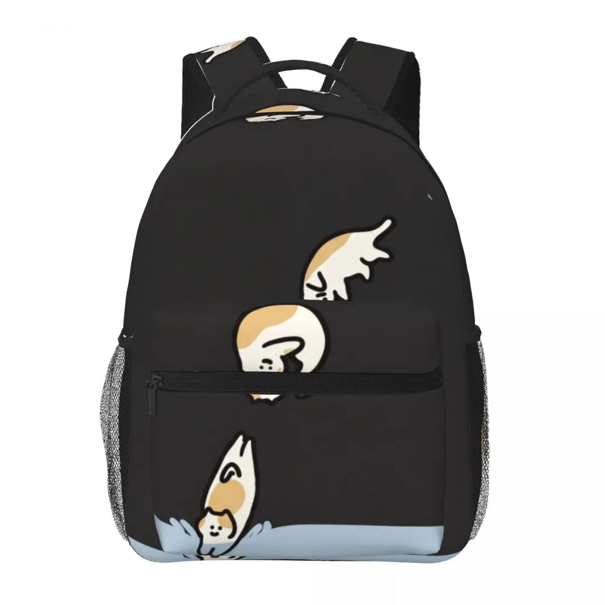 Dark Punk Printed Backpack Vertical Diving Cat Whimsical Illustration Black Blue White Cool Bookbag for Girls Boys College Women