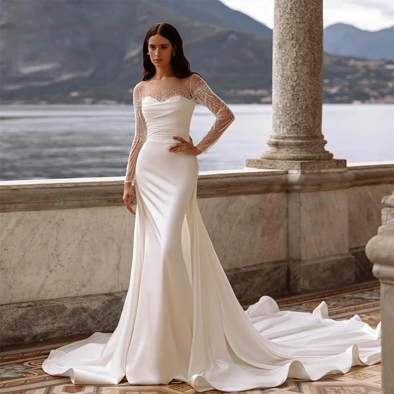 Lüks ayrılabilir 2 In 1 ile düğün elbisesi yumuşak saten boncuk dantel balo Mermaid o-boyun tam kollu fermuar Robe De Marie