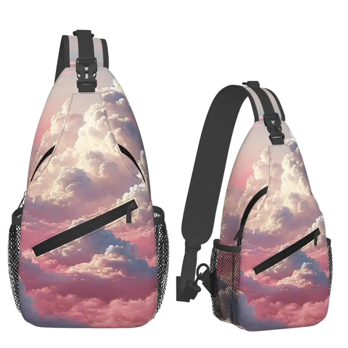 Pink Clouds Sky Large Sunset Glow Chest Bag Men Sling Crossbody Backpack Chest Bag Traveling Hiking Daypack Shoulder Bag