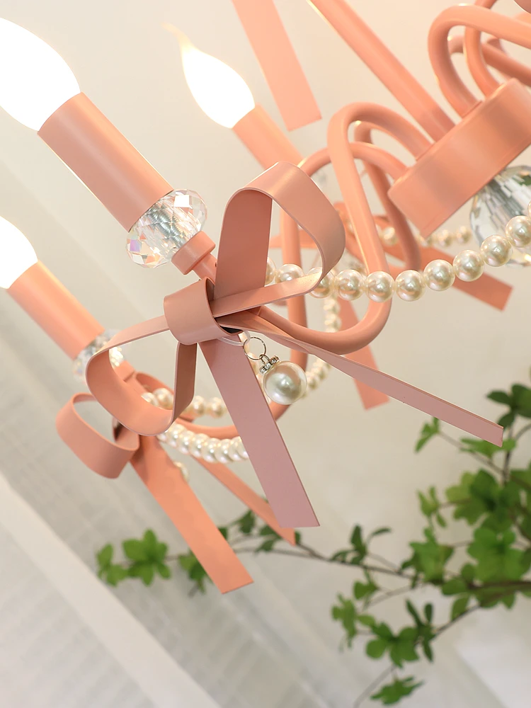 Artificial pearl Children lamp Princess kid's ribbon crystal Chandelier lighting Korean Style Dining Room led pink bow knot Lamp