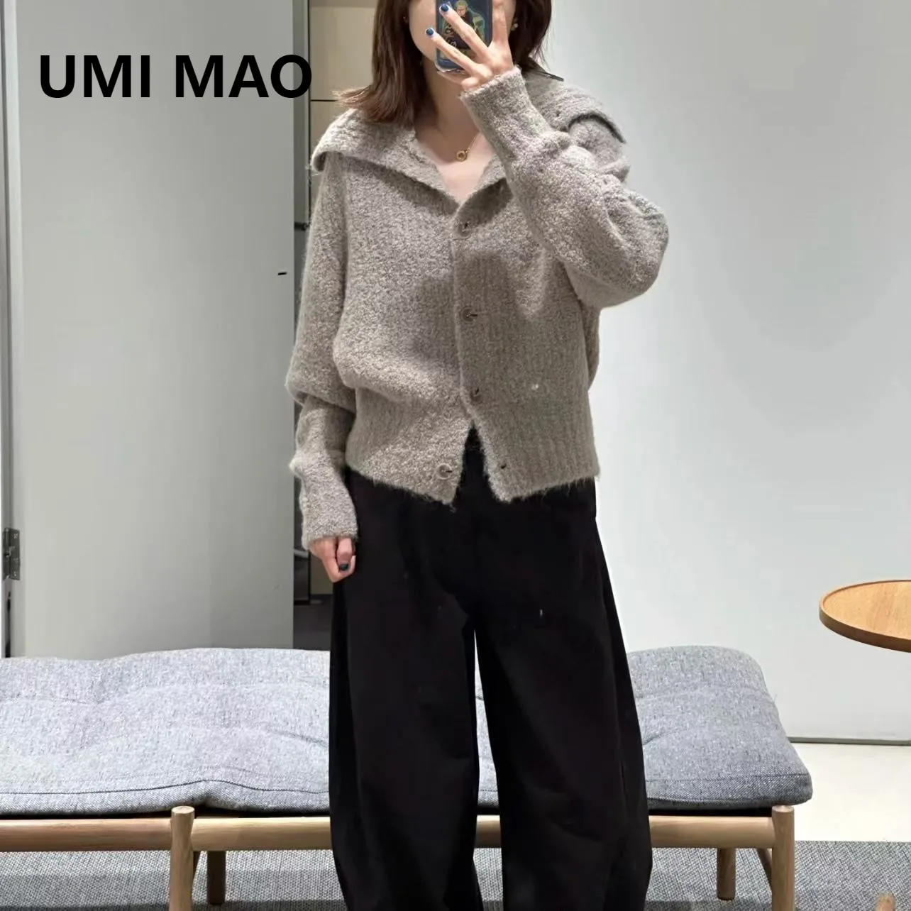 UMI MAO, верхняя женская одежда, повседневный вязаный кардиган из смесовой шерсти альпаки с лацканами, осенняя новинка, японская уличная одежда Femme