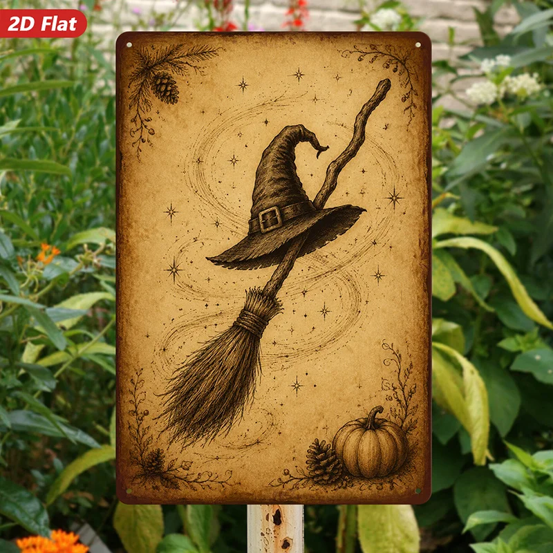 2D Flat, 1pc Metal Sign Wall Art, Halloween Home Decor, Witch Hat And Broomstick Art, Starry Pattern, Ideal for Living Room, Par