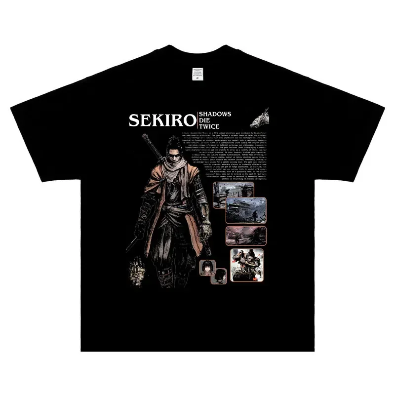 Sekiro Wolf T Shirt Hip Hop PC Game Vintage Washed Tops Tees Oversized Short Sleeve T-Shirt Retro Sweatshirts Man 100% Cotton