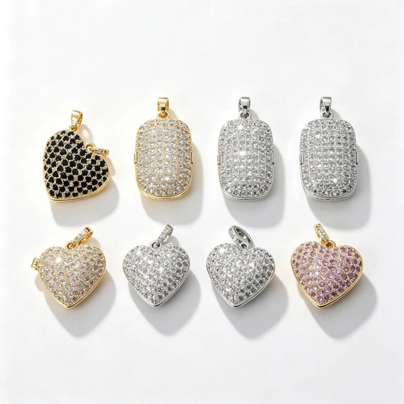 Micro Paved Copper Zircon Locket Charms Openable Heart Photo Pendant Sparkling Rhinestone DIY Jewelry Making Accessories