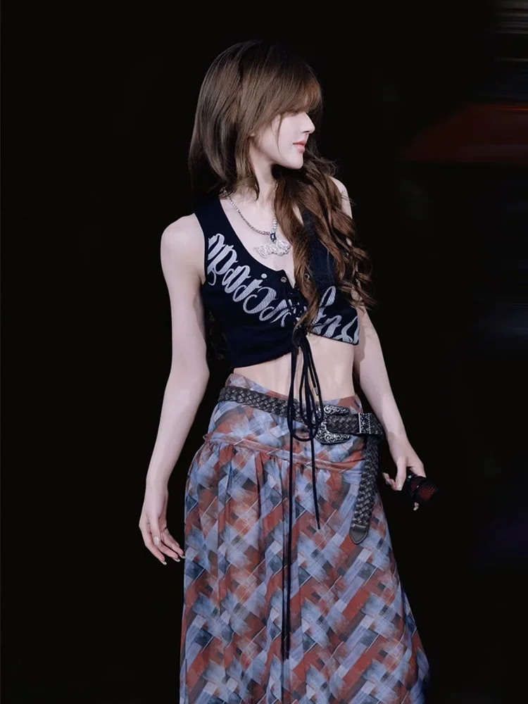 Stunning Retro Color Block Plaid Skirt High Waist A-Line Long Skirt Beautiful Chiffon Half Body Skirts for Ladies Girls Students