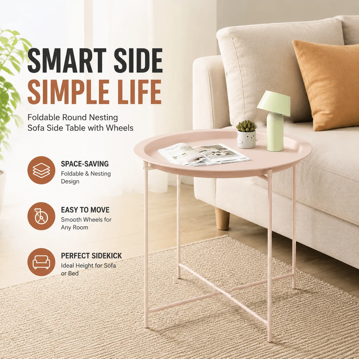 Foldable Round Nesting Sofa Side Table with Wheels, Modern Small Coffee Table for Living Room