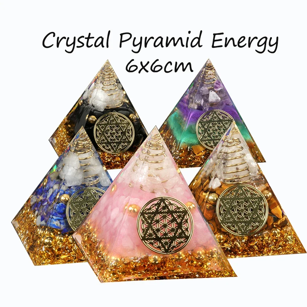 Natural Stone Beads Energy Pyramid Ornament Crystal Reiki Healing Chakra Resin Pyramid Egyptian Decor Room Decoration 6cm