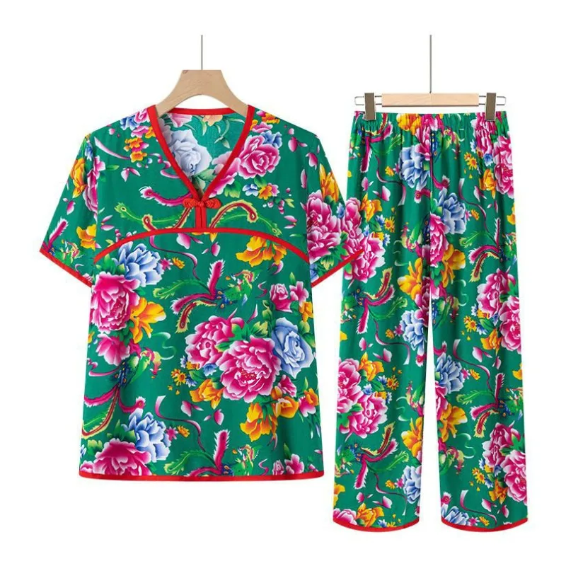 Summer Poplin homewear 2pcs sets China Northeast Big Flower Tshirt and Calf Length Pants Cheongsam Old-fashioned peony tang suit