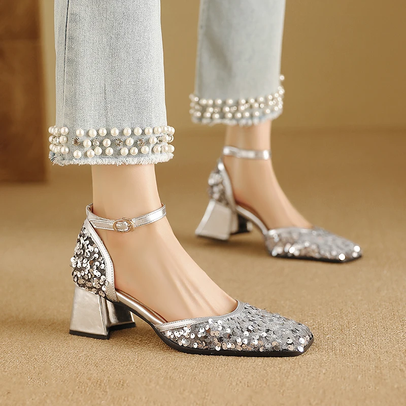 Sequined Sweet Sandals Women's Summer Chunky Med Heels Bling Plus Size 14 Male Cross-dressers Cosplay Shoes Wide Square Toes