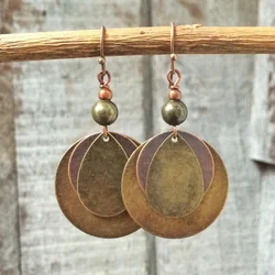 Ethnic Round Bronze Carved Earrings for Women Bohemian Metal Gold Color Old Distressed Beaded Hook Dangle Earrings Jewelry