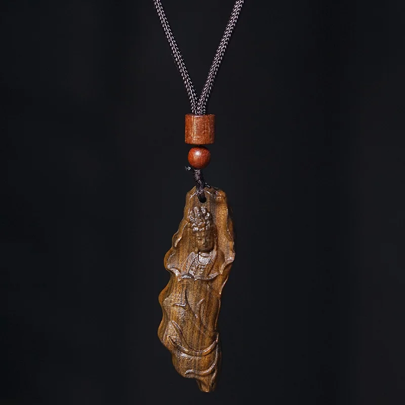 Aquilaria Agallocha Lotus Leaf Guanyin Pendant Neckwear Wooden Carved Craft Peace Tag Cultural Play Ornament