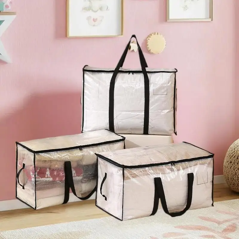 ถุงเก็บผ้านวมความจุขนาดใหญ่ - กระเป๋าจัดระเบียบแบบพับได้กันน้ำพร้อมแผงใสเพื่อการระบุได้ง่าย ปิดด้วยซิปคู่