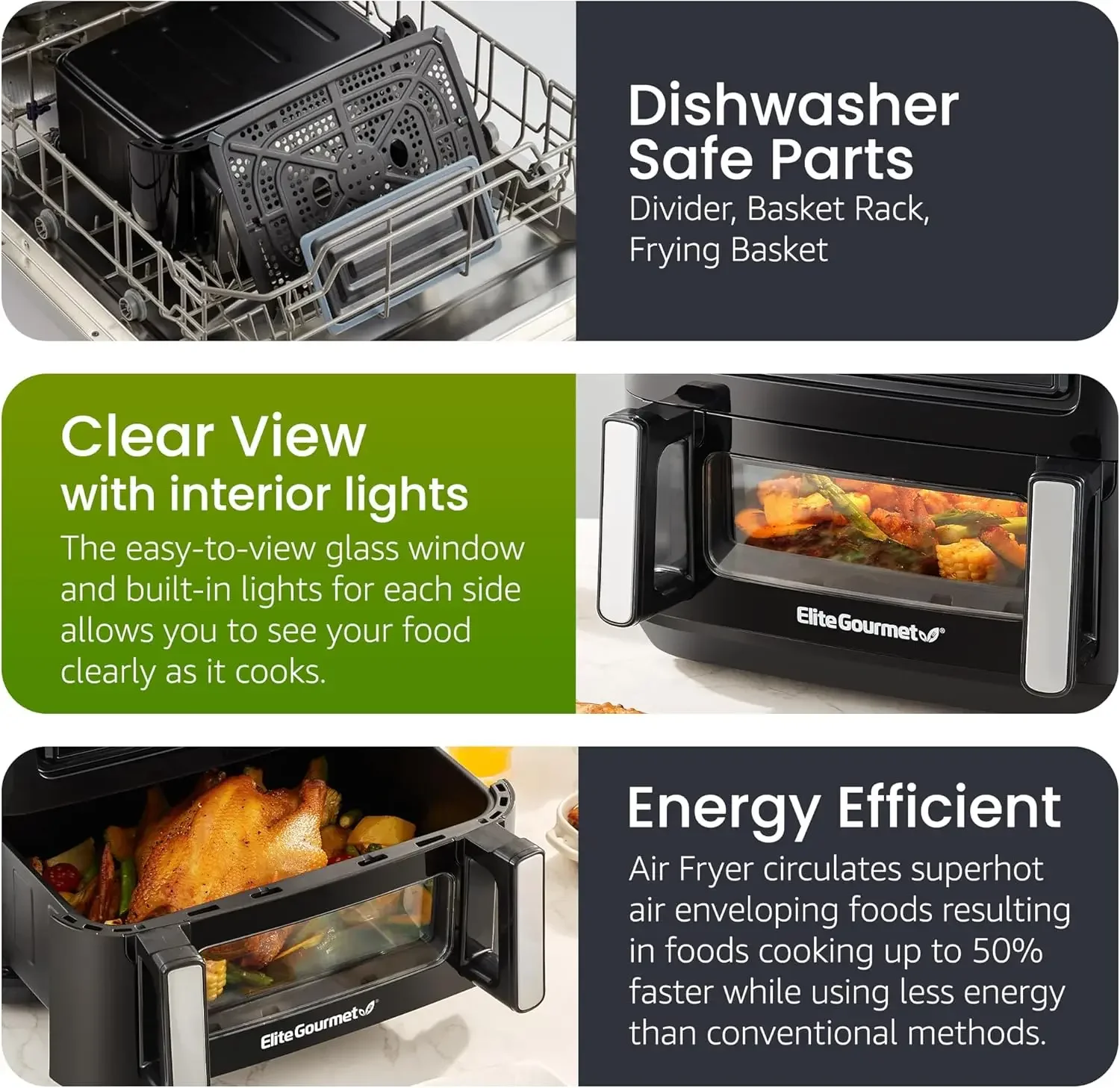 EAF1055D Dual Zone Air Fryer Oven, 11QT. Capacity with Divider 2 Independent Cook Zones, Dishwasher Safe Basket, 10 Preset Funct