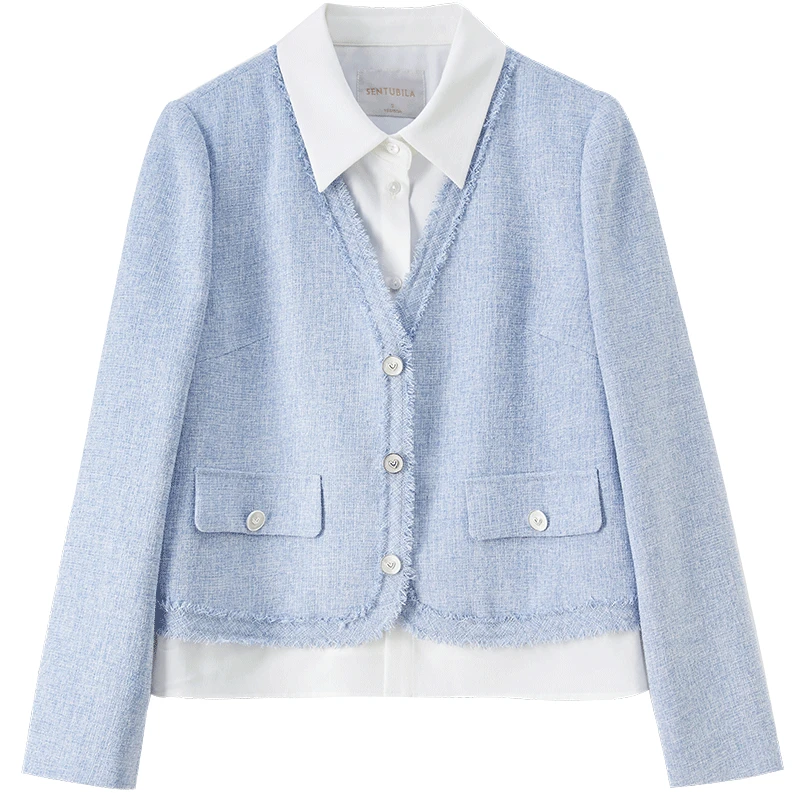 SENTUBILA Women's Short Coat Color-Block Paneled Mock-Two-Piece Coat 2025 Autumn Elegant Long-sleeve Fringed Jackets 153WA2087