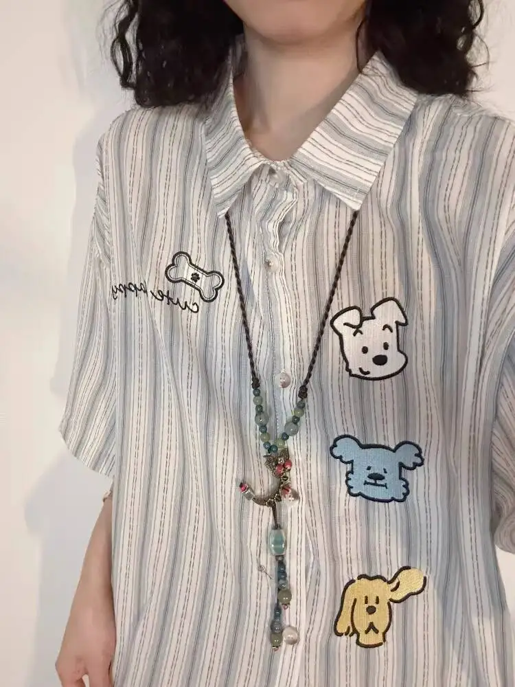 

2026 Summer Japanese Cute Dog Embroidery Subculture Short Sleeve Shirt For Women Trendy Casual Loose Striped Button Down Blouse