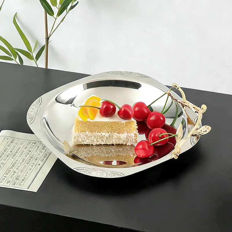 Round Mirror Metal Tray with Gold Handle Key Storage Tray Dessert Snack Fruit Tray Hotel Kitchen Dining Table Home Decoration