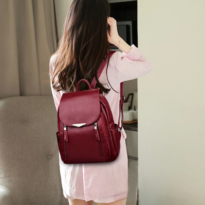 SMOOZA Womens Backpack 2023 Female PU Leather Back Pack Large Capacity School Bag for Girl Double Zipper Fashion Shoulder Bag