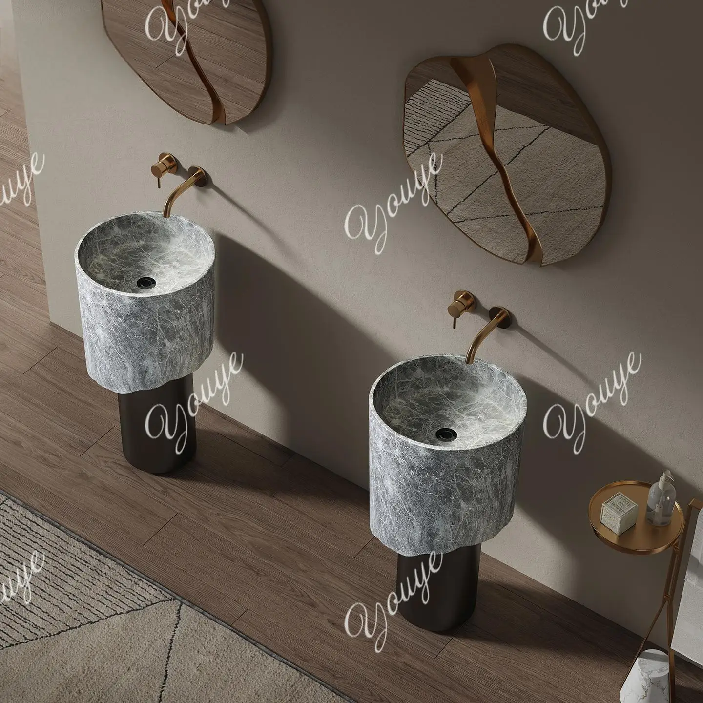 

Modern Blue Round Pedestal Sink, Minimalist Freestanding Ceramic Washbasin for Bathroom Vanity, Customizable Lavatory Basin