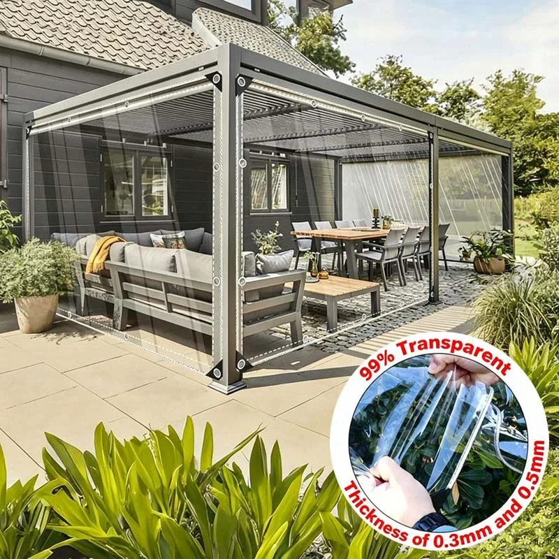 0.35/0.55mm Clear Tarp Heavy Duty PVC Transparent Tarp Waterproof Windproof Anti-Tear for Greenhouse Patio Garden Garage Balcony