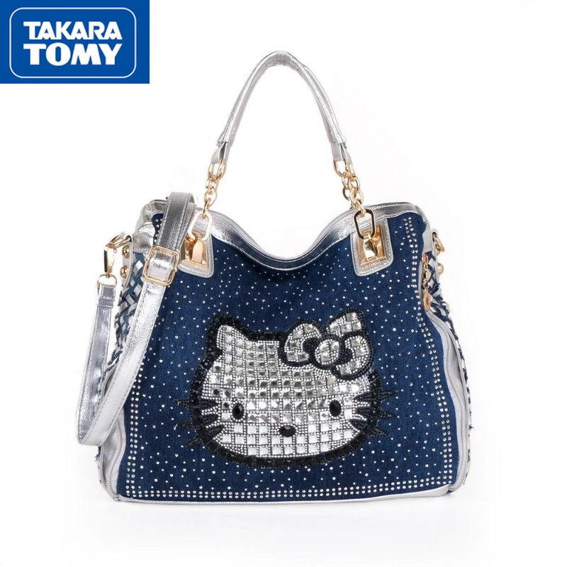 

TAKARA TOMY 2022 New Hello Kitty Diamond Woven Denim Canvas Women's Commuter Handbag Girls Large-capacity Shiny Shoulder Bag